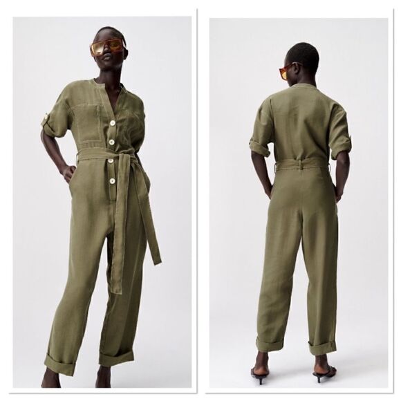 Zara Pants - Zara Green Long Sleeves Belted Jumpsuit